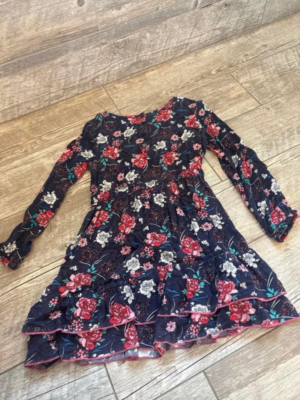 Nautica Navy Floral Long-Sleeve Tiered Dress with Red and White Blooms